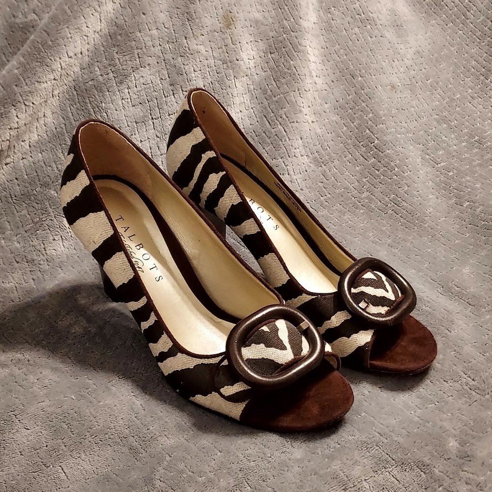 Talbots Open Toe Brown Cream Zebra Print Heels 7 Safari Boho